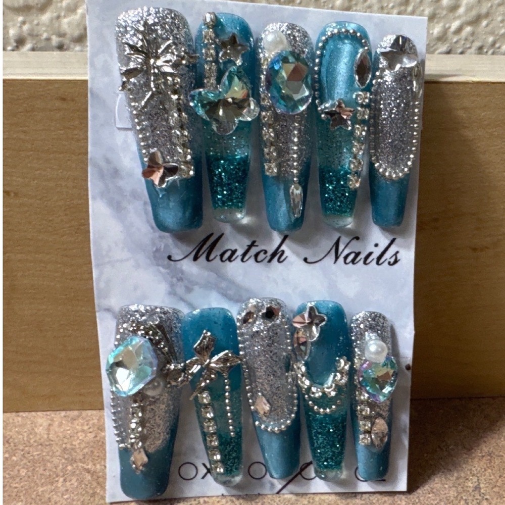 Glitter Water Nails Press On Nails Blue Silver‎ Rhinestone Bling Long Coffin